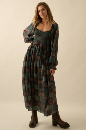 Patchwork Smocked Midi Dress