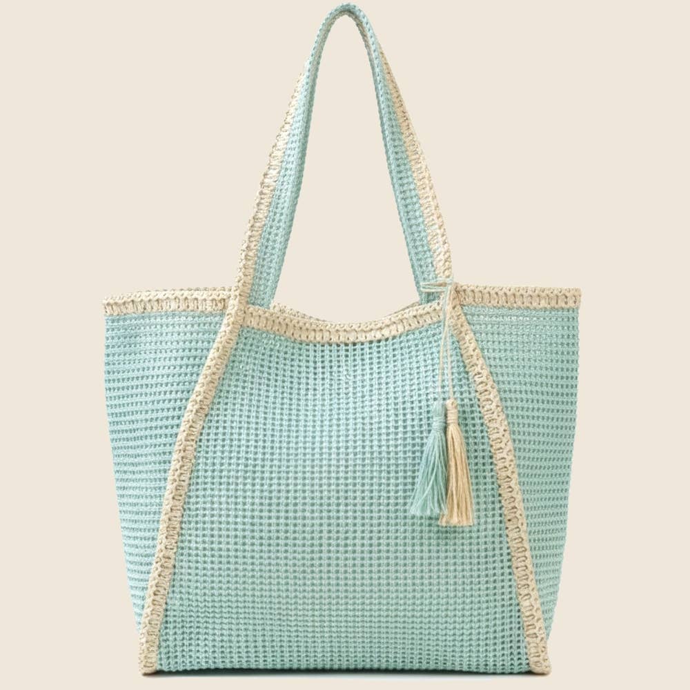 Two Tone Woven Straw Tote Bag - Beloved Boutique 