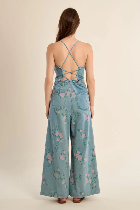 Tara Floral Denim Jumpsuit - Beloved Boutique 