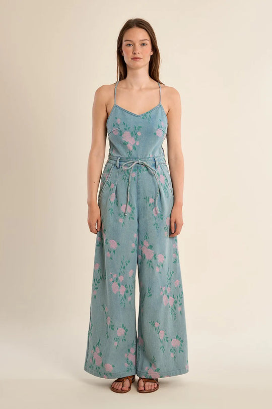 Tara Floral Denim Jumpsuit - Beloved Boutique 