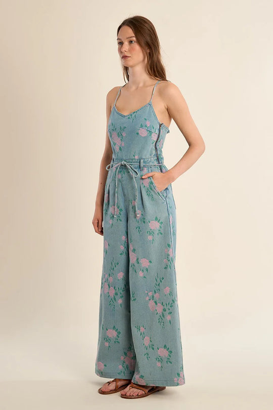 Tara Floral Denim Jumpsuit - Beloved Boutique 