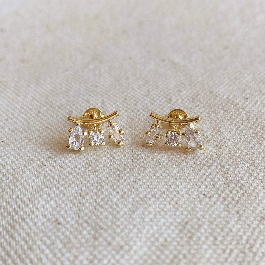 18k Gold Filled Clear Cubic Zirconia 3-Shapes Stud Earrings GoldFi