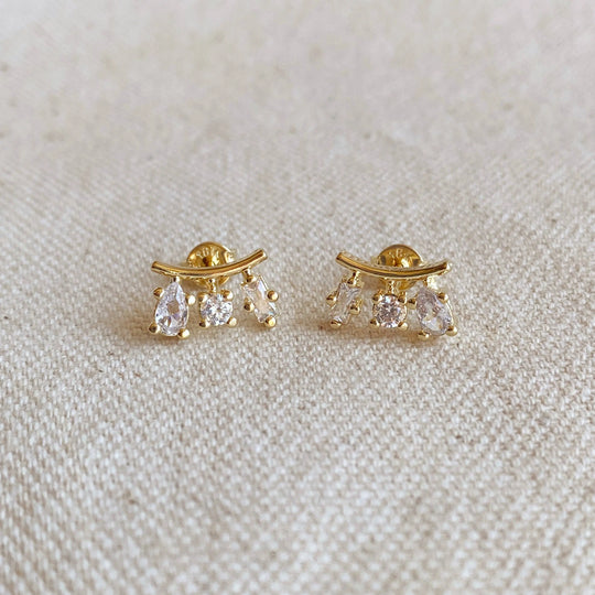 18k Gold Filled Clear Cubic Zirconia 3-Shapes Stud Earrings GoldFi