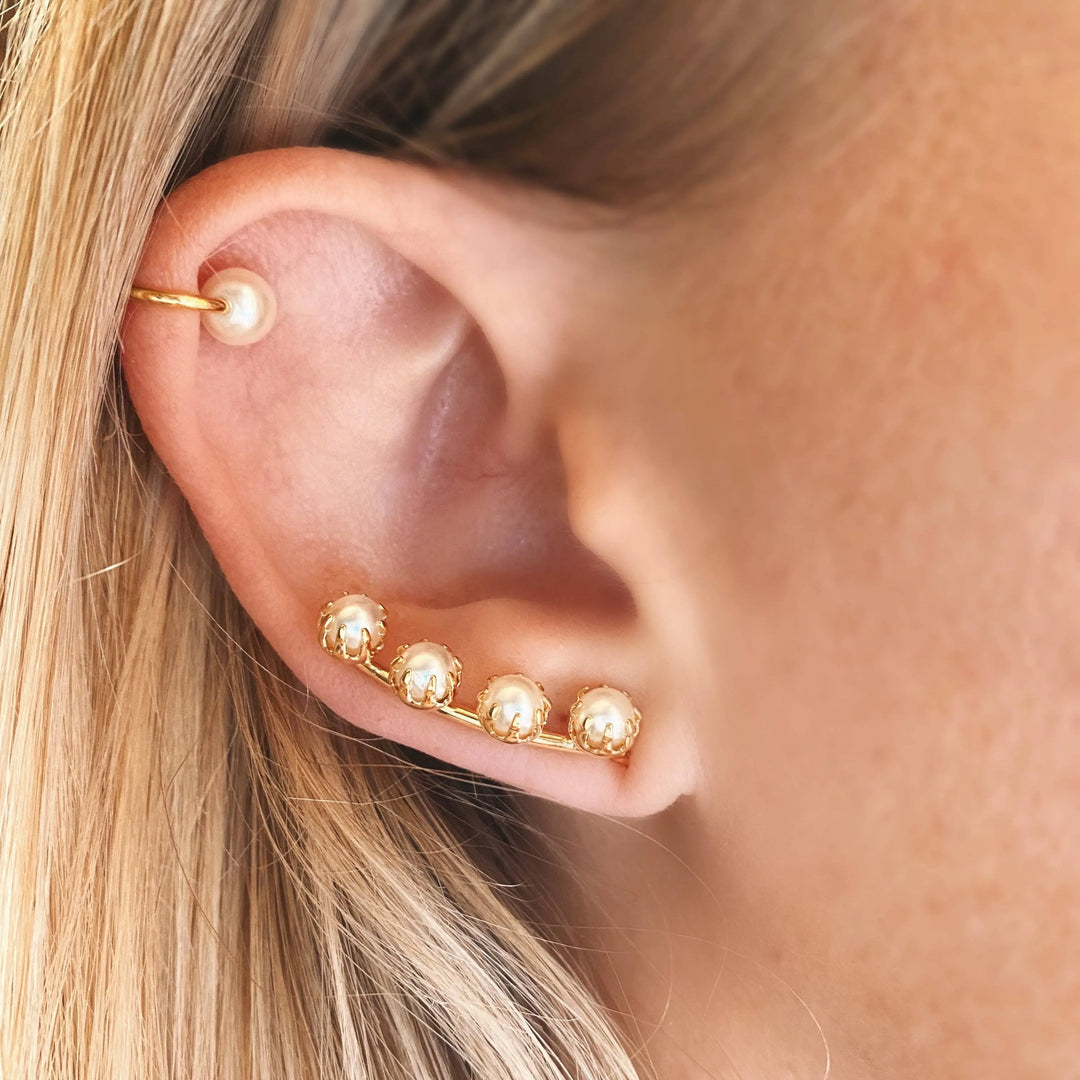 18k Gold Filled Pearl Ear Climber Style Earrings GoldFi