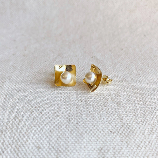 18k Gold Filled Pearl Stud Earrings In A Square Plate GoldFi