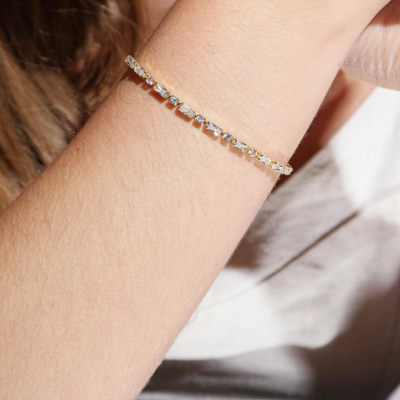 18k Gold Filled Baguette and Round Cut Cubic Zirconia Tennis Bracelet - Beloved Boutique