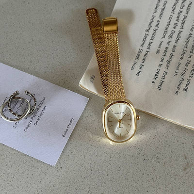 Retro Oval Dial Gold Stainless Steel Watch