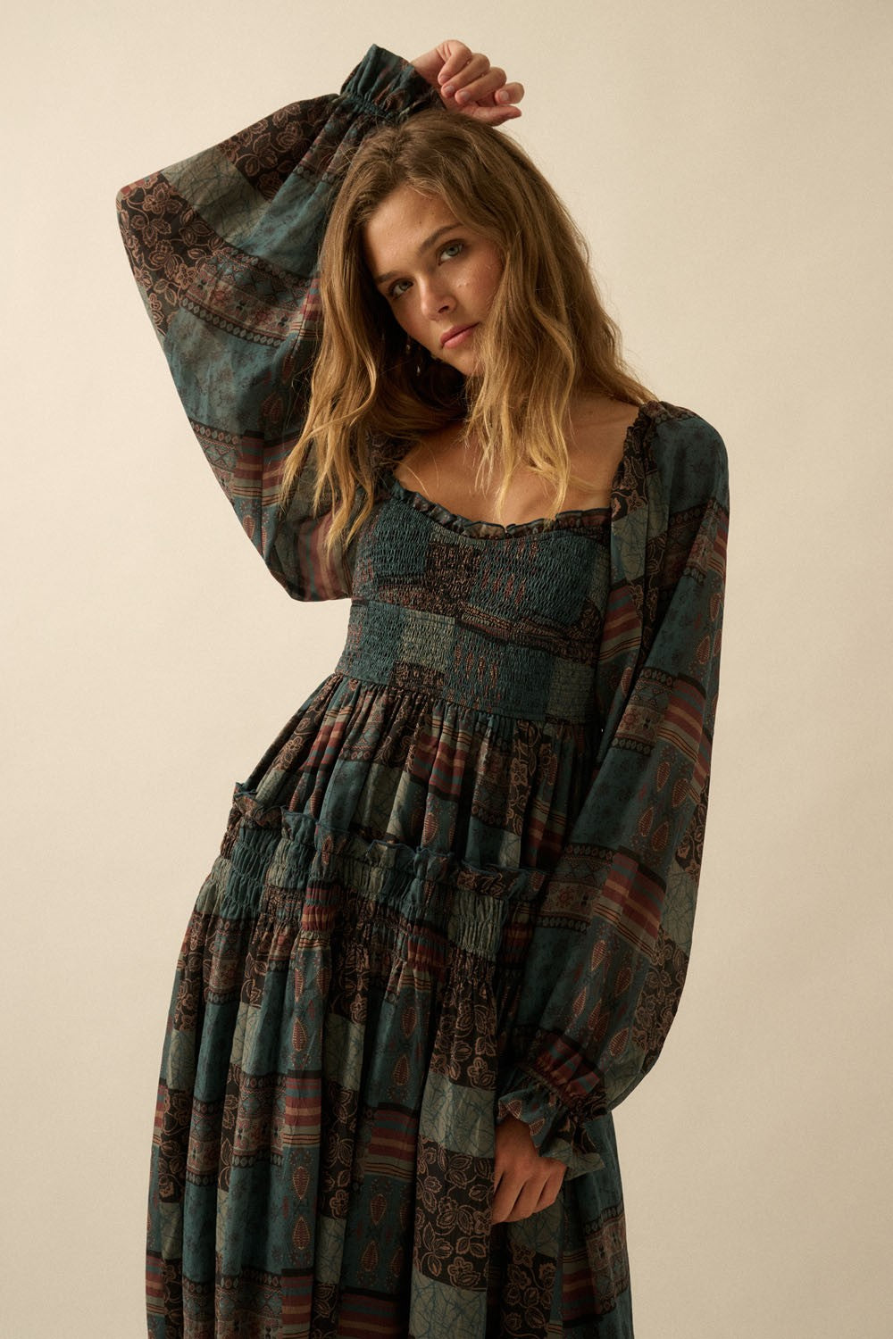 Patchwork Smocked Midi Dress