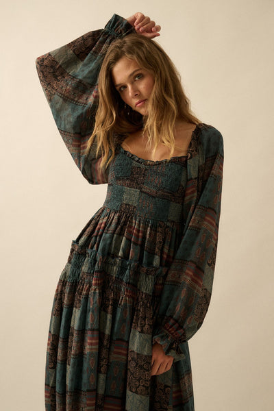 Patchwork Smocked Midi Dress