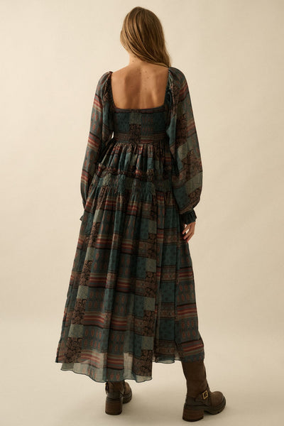 Patchwork Smocked Midi Dress