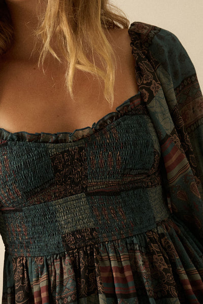 Patchwork Smocked Midi Dress