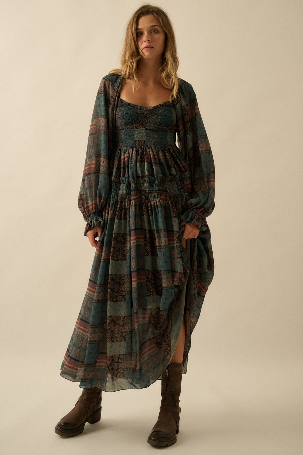 Patchwork Smocked Midi Dress