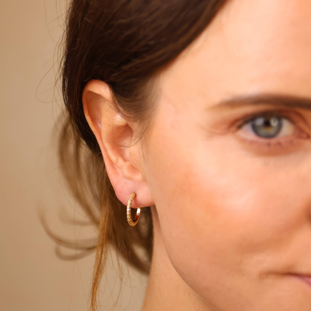 18k Gold Filled Thin Line Cubic Zirconia C Hoop Earrings - Beloved Boutique 