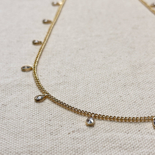 18k Gold Filled 2mm Curb Chain With Bezel CZ Drops Necklace - Beloved Boutique 