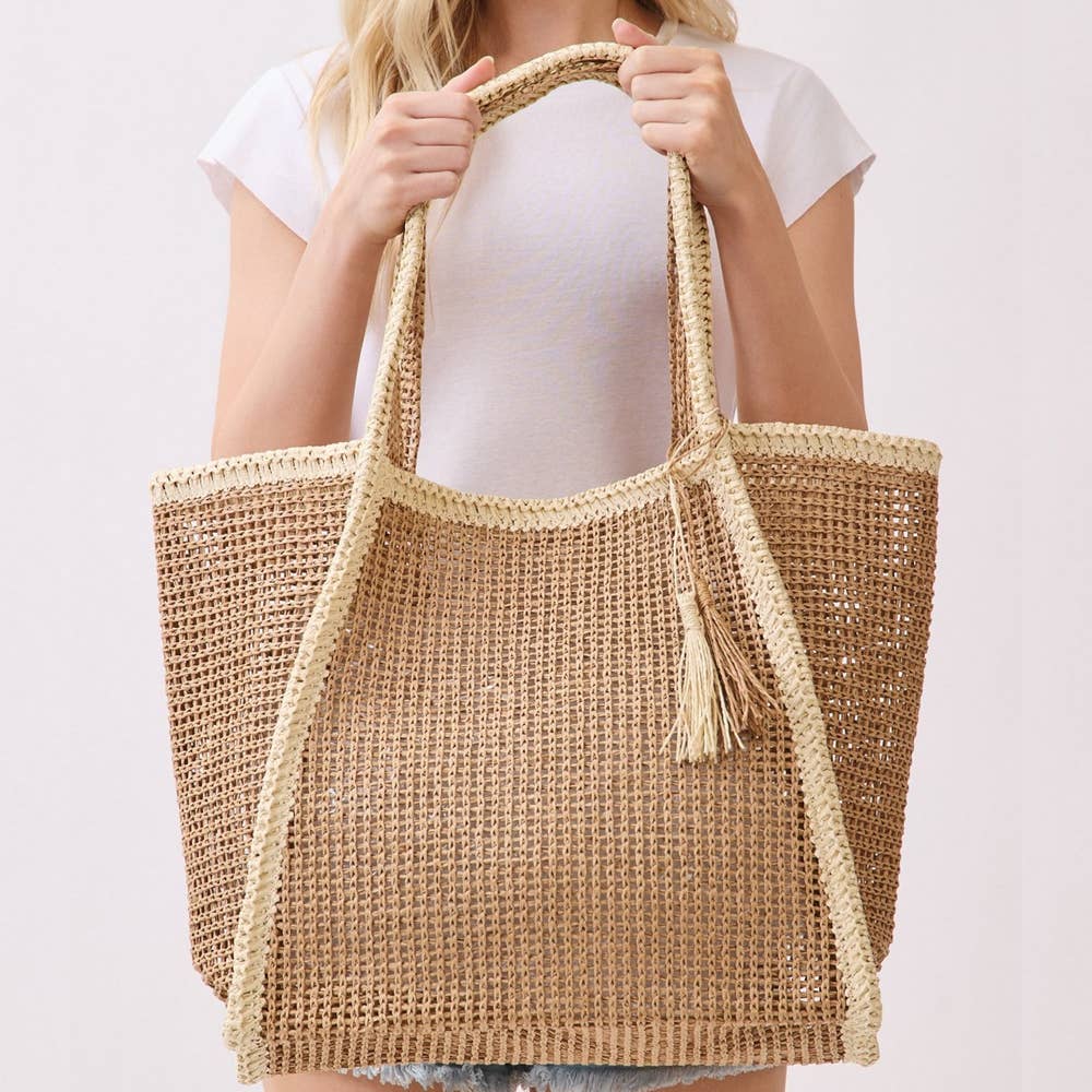 Two Tone Woven Straw Tote Bag - Beloved Boutique 