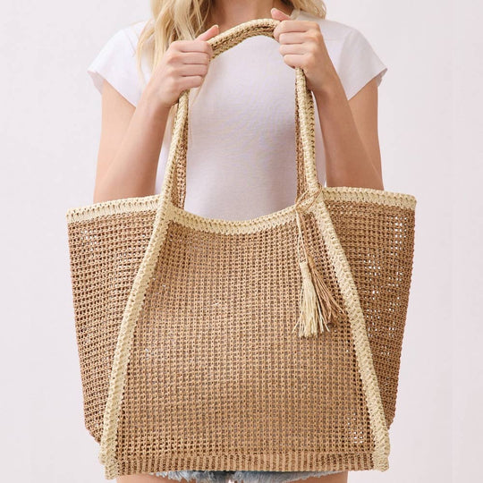 Two Tone Woven Straw Tote Bag - Beloved Boutique 