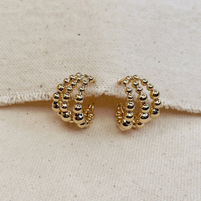 18k Gold Filled Triple Line Beaded C Hoop Earrings GoldFi