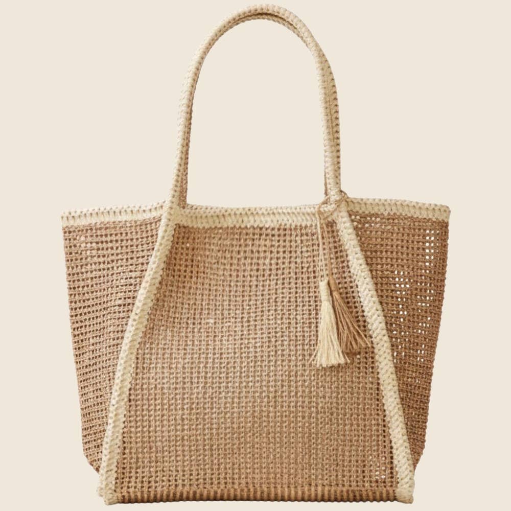 Two Tone Woven Straw Tote Bag - Beloved Boutique 