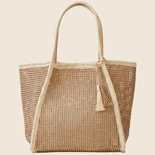 Two Tone Woven Straw Tote Bag - Beloved Boutique 