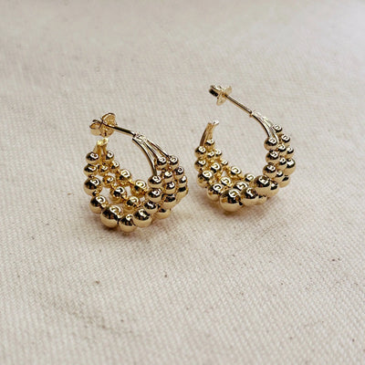 18k Gold Filled Triple Line Beaded C Hoop Earrings GoldFi