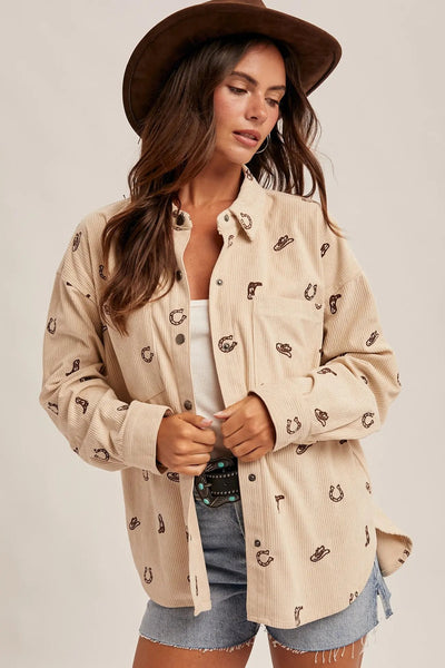 Cowgirl Embroidery Corduroy Shirt Hem & Thread