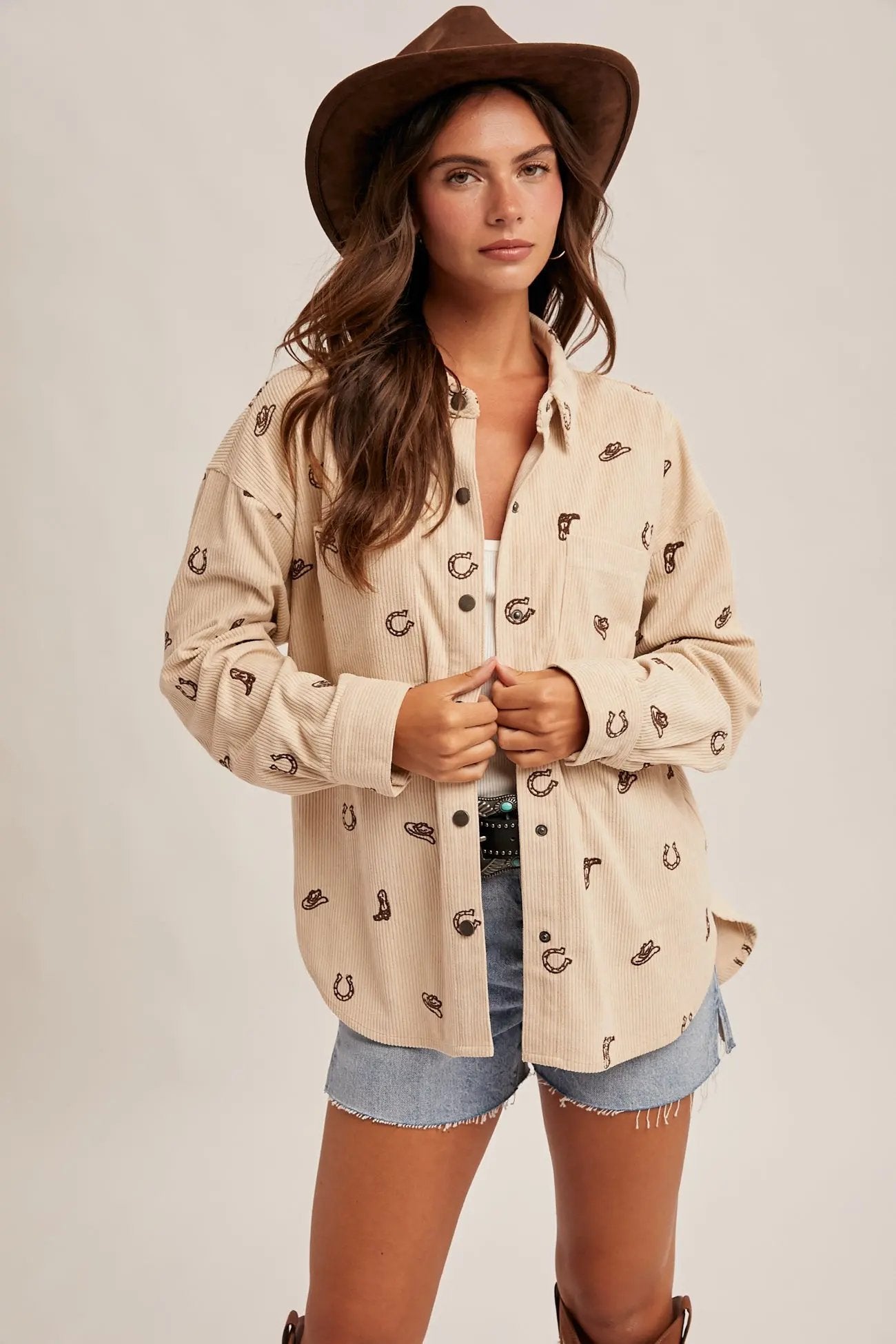 Cowgirl Embroidery Corduroy Shirt Hem & Thread