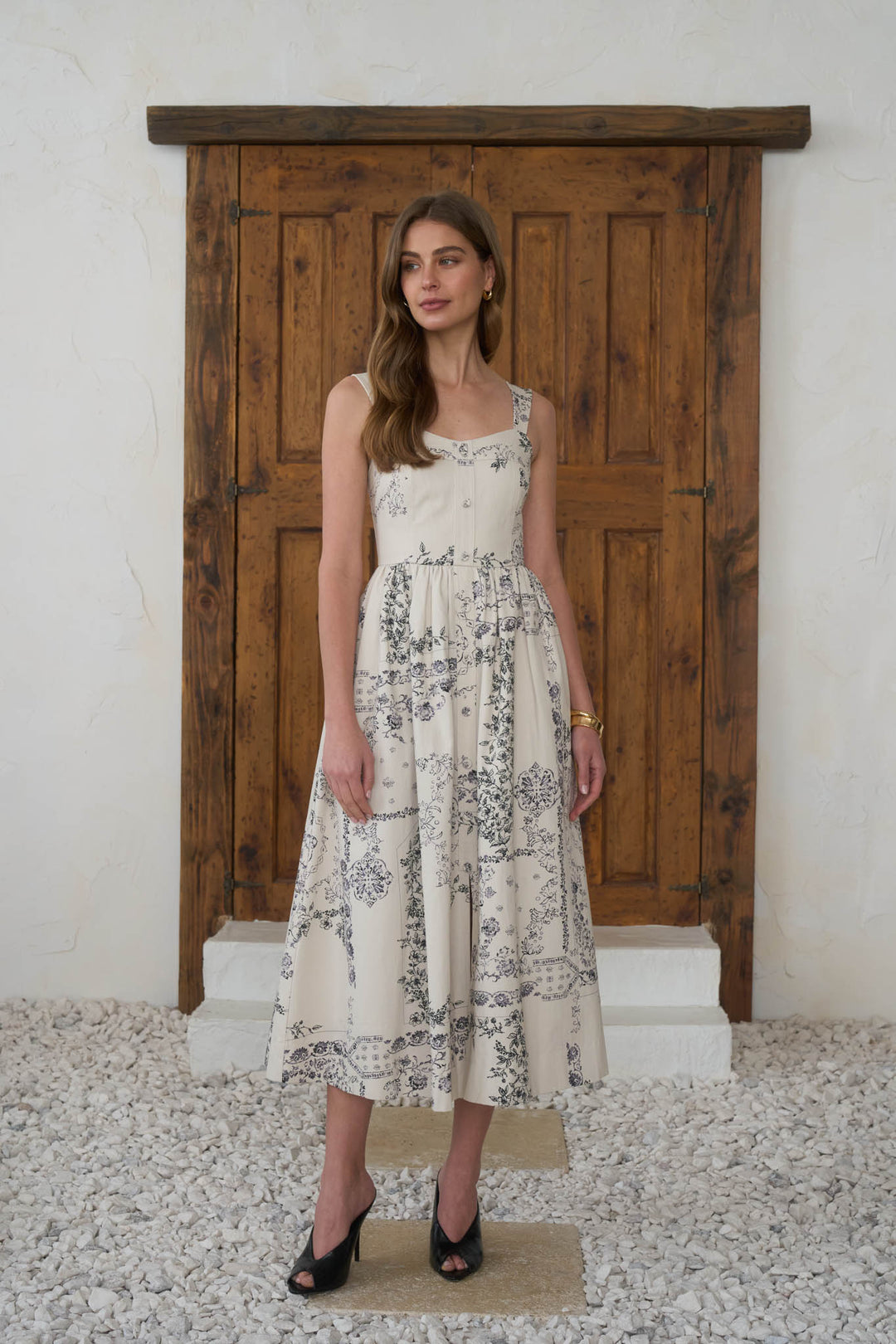 Junia Toile Print Midi Dress Cream