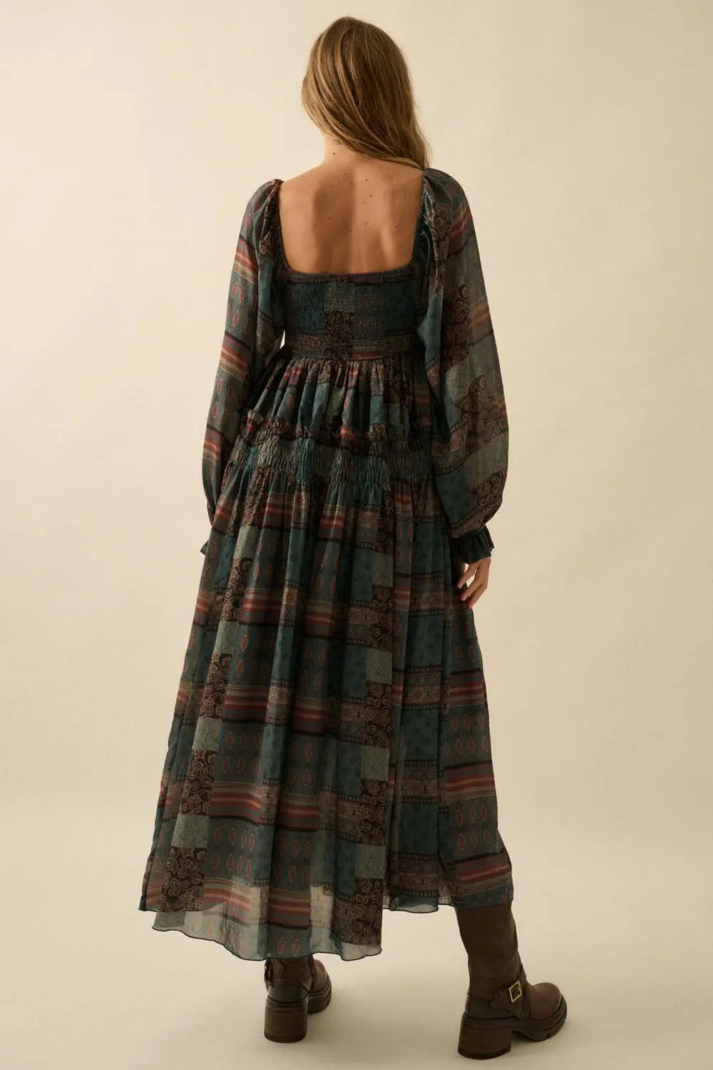 Patchwork Smocked Midi Dress Promesa