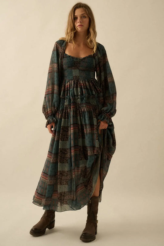 Patchwork Smocked Midi Dress Promesa
