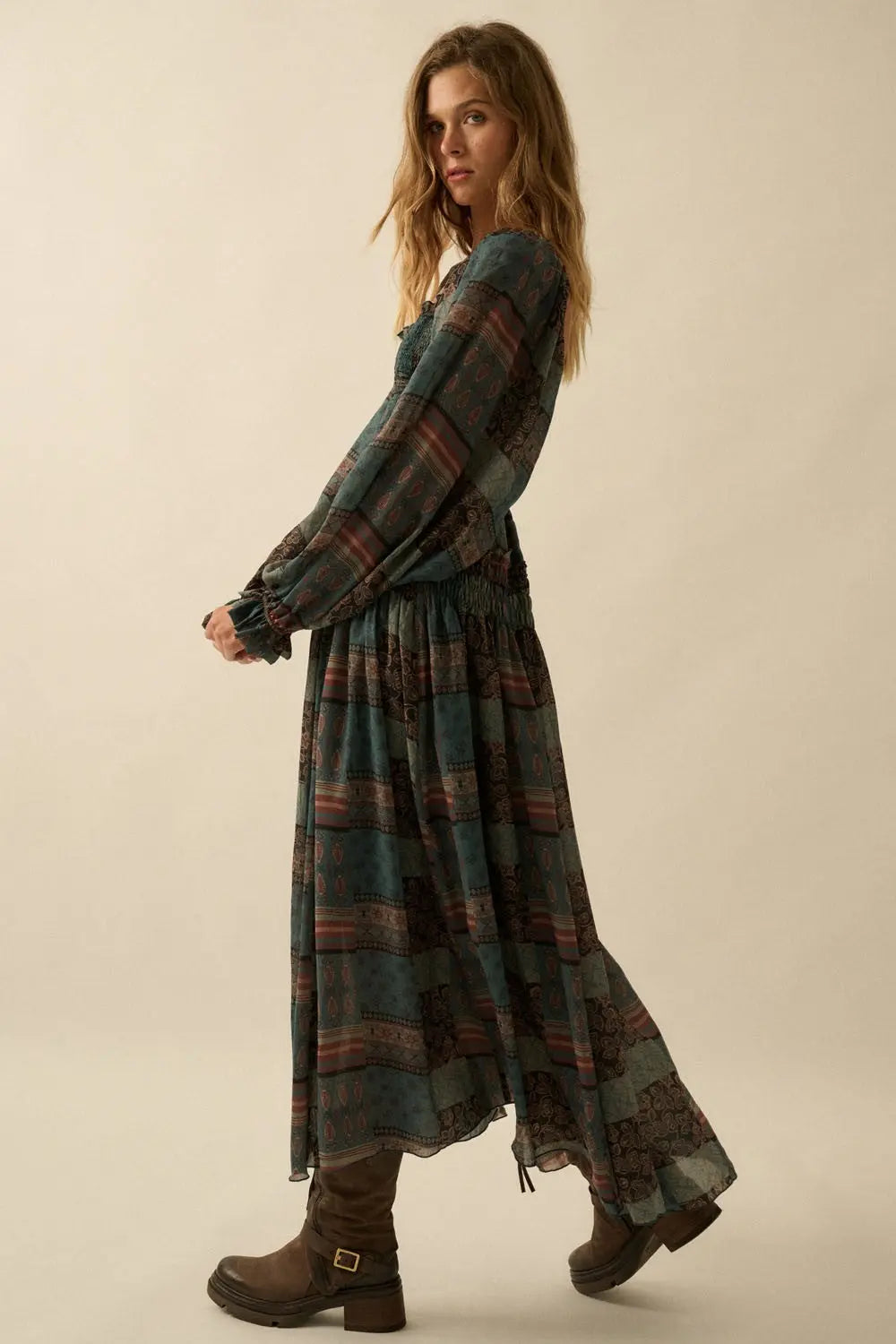 Patchwork Smocked Midi Dress Promesa
