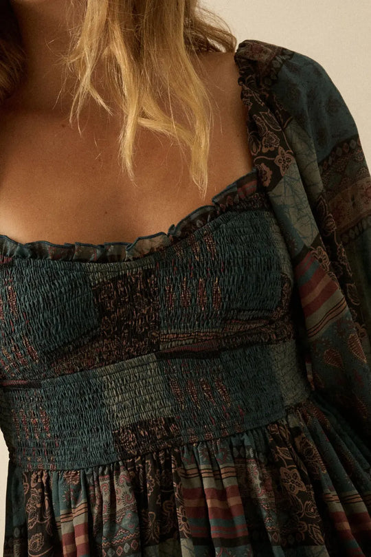 Patchwork Smocked Midi Dress Promesa