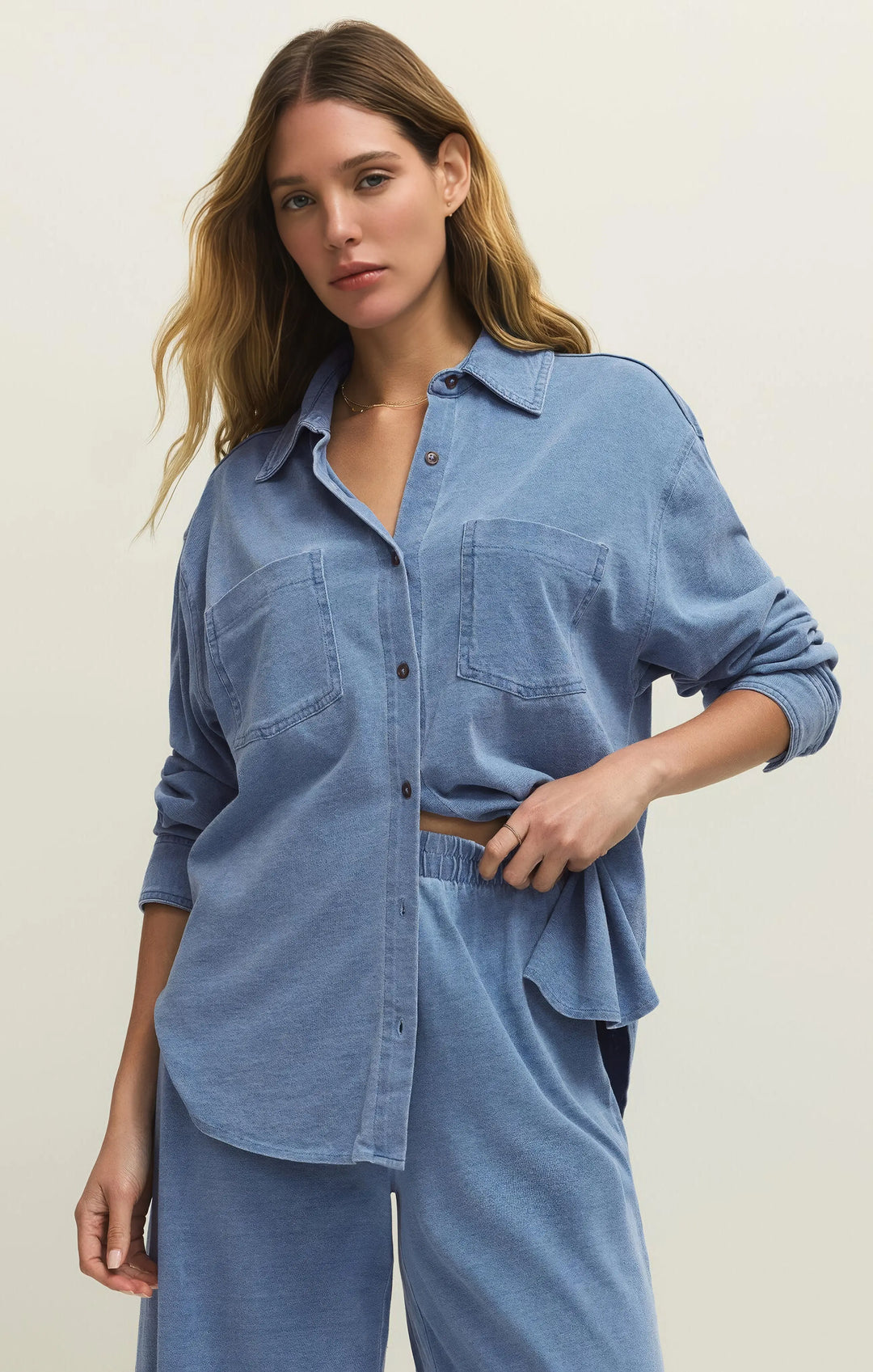 Reese Jersey Denim Button Up - Beloved Boutique 
