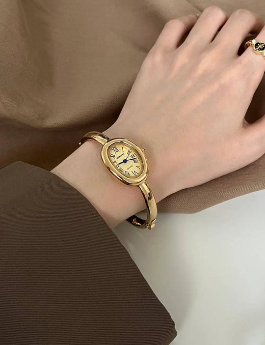 Trendy Oval Dial Gold Quartz Wrist Watch - Beloved Boutique