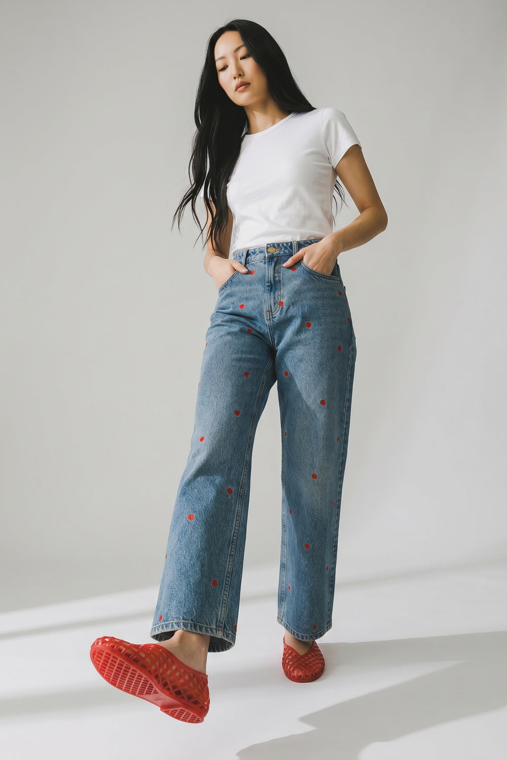 Apple Embroidered Denim - Beloved Boutique 