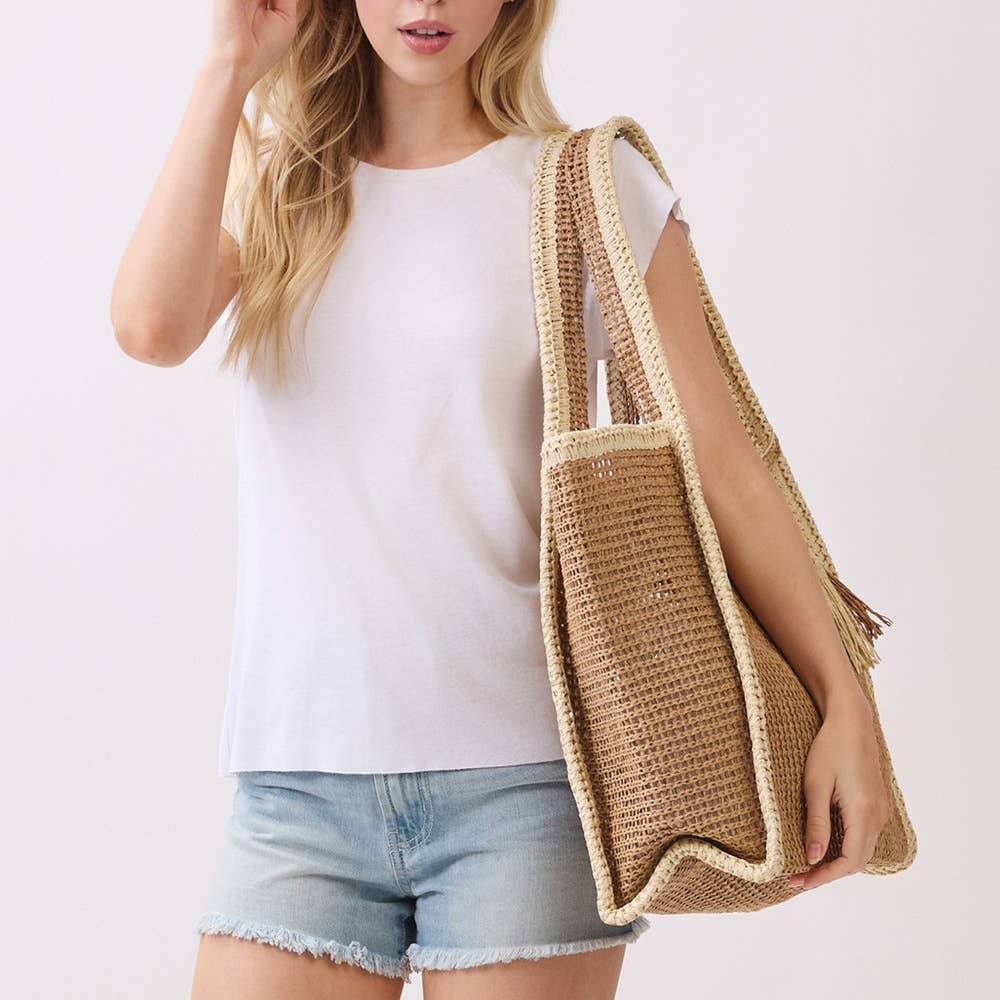 Two Tone Woven Straw Tote Bag - Beloved Boutique 