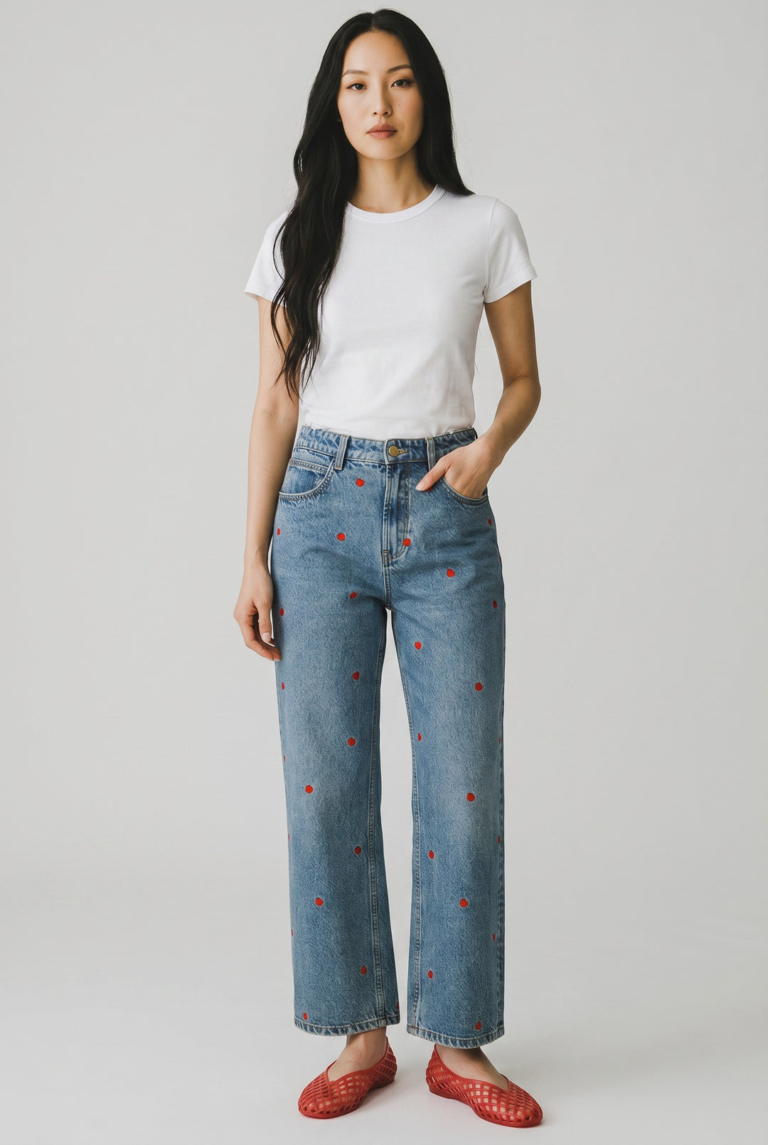 Apple Embroidered Denim - Beloved Boutique 