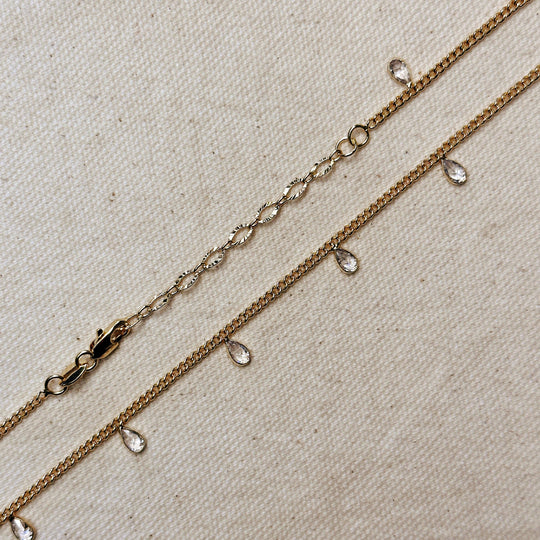 18k Gold Filled 2mm Curb Chain With Bezel CZ Drops Necklace - Beloved Boutique 