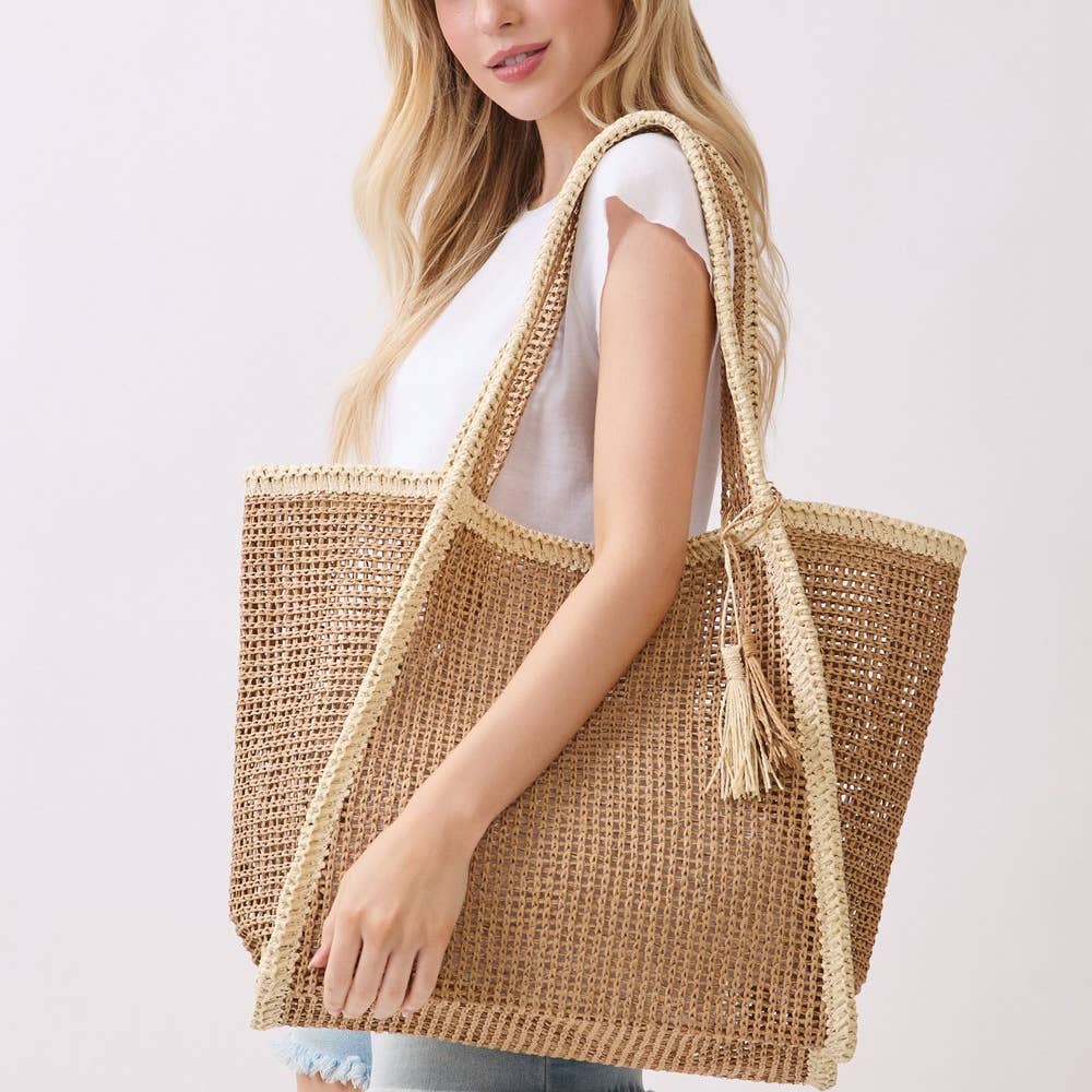 Two Tone Woven Straw Tote Bag - Beloved Boutique 